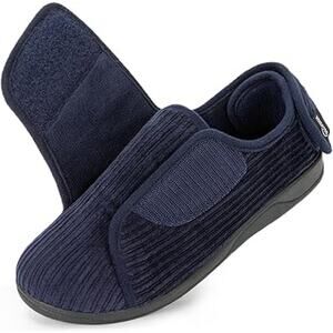 HomeTop Womens Size 10 Navy Blue Corduroy Adjustable Hook Loop Diabetic Slippers